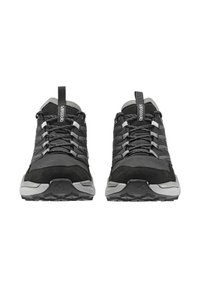 Schwarze Wanderschuhe mit einer strukturierten Oberseite und grauen Akzenten, verstärkter Zehenpartie und einer robusten Gummisohle. Schnürsystem mit reflektierenden Details.