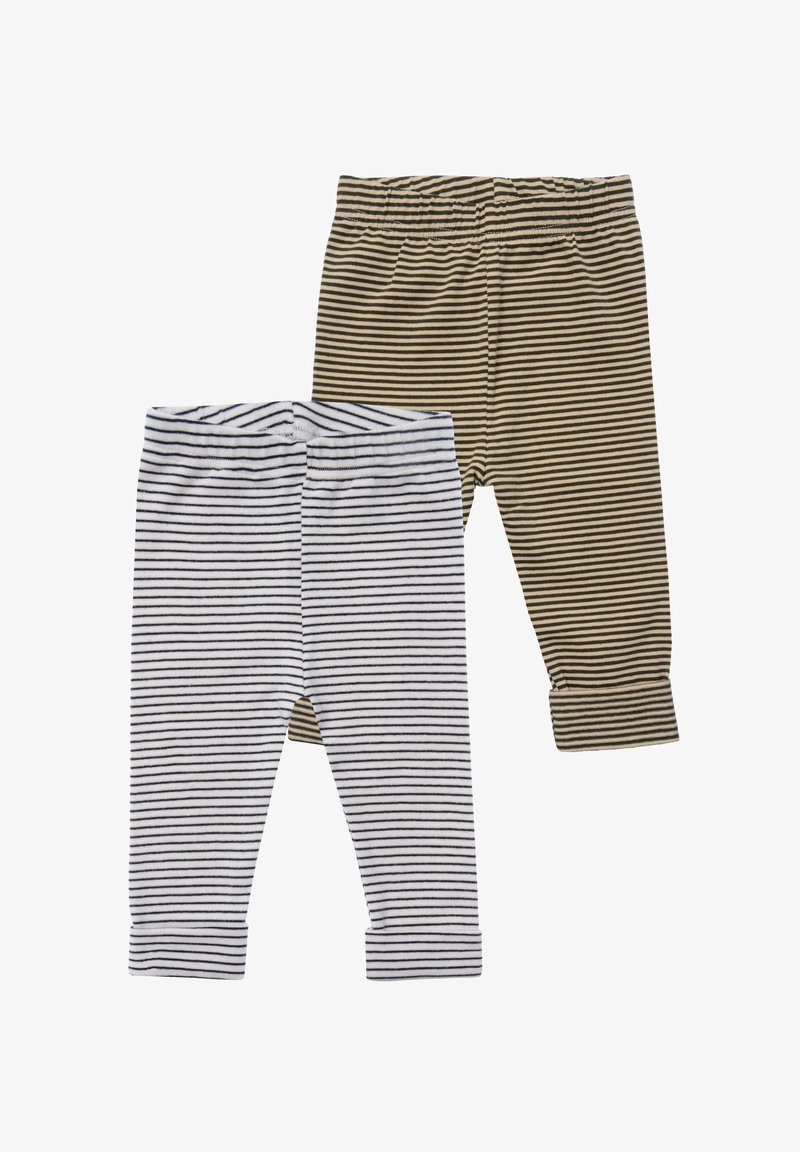 Two pairs of baby leggings: one white with navy stripes, and one olive green with black stripes. Both feature elastic waistbands and rolled cuffs.