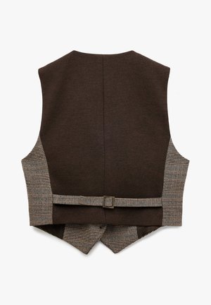 Brun vest med ternede sidepaneler, en glat tekstur og et taljebånd med en firkantet spænde. Bagsiden har et simpelt design og en skræddersyet pasform.