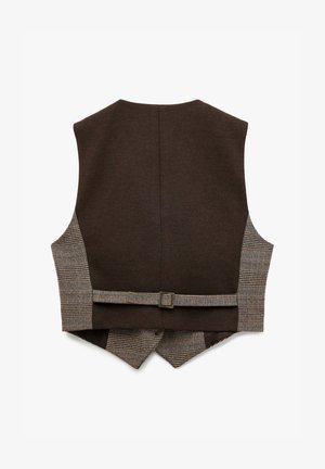Bruine vest met checkered zijpanelen, een gladde textuur en een tailleband met een vierkante gesp. Het ontwerp op de rug is eenvoudig, met een getailleerde pasvorm.