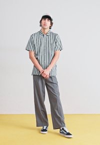 Cămașă cu mânecă scurtă și nasturi, cu dungi verticale verzi și albe, asortată cu pantaloni gri evazați și adidași negri.