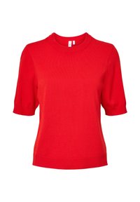 Rød kortermet strikket topp med rund hals og innsvinget kant. Glatt tekstur, lett stoff og enkelt design uten mønstre.