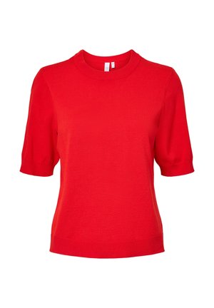 Haut tricoté rouge à manches courtes avec un col rond et un ourlet ajusté. Texture lisse, tissu léger et design simple sans motifs.