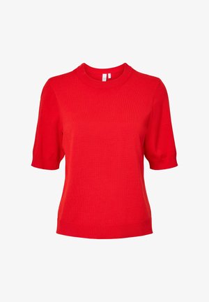 Punane lühikeste varrukatega kootud top, millel on ümmargune kaelus ja vormitud alumine serv. Sile tekstuur, kerge kangas ja lihtne disain ilma mustriteta.