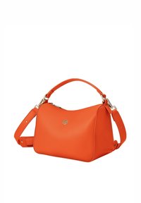 Oranssi nahkalaukku, jossa on sileä pinta, kultainen logo, lyhyt kahva ja säädettävä hihna. Pyöreä muoto ja vetoketjukiinnitys.