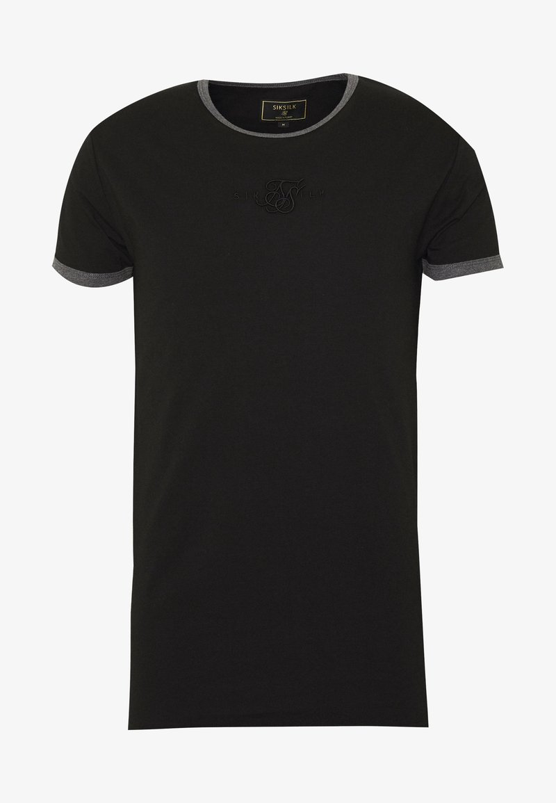 T-shirt noir avec un col rond et des manches courtes accentuées de gris. Présente un logo en relief à l'avant. Fabriqué en coton doux.