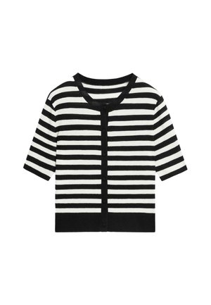 Zwart-wit gestreepte korte mouw cardigan met een ronde halslijn en zes knopen aan de voorkant. Glad gebreide stof met contrasterende randen.