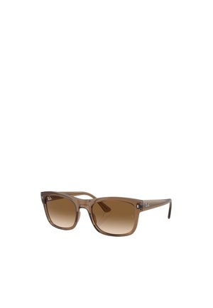 Occhiali da sole in plastica marrone con montatura quadrata, lenti sfumate e dettagli in metallo. Presentano il logo Ray-Ban sulle aste.