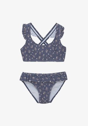 Costume da bagno a due pezzi in tessuto blu scuro con motivo floreale. Il top presenta spalline arricciate e un retro incrociato; il fondo ha un bordo arricciato.