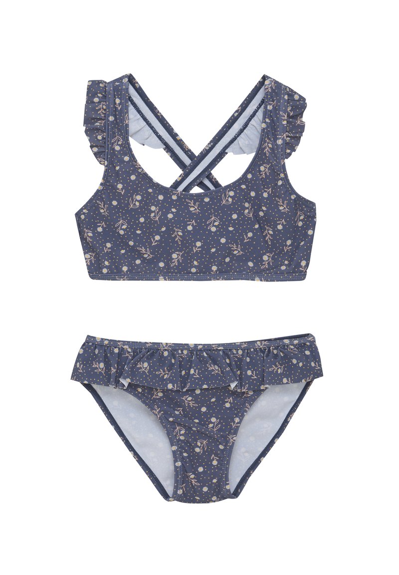 Tvådelad baddräkt i mörkblått tyg med blommönster. Toppen har volangremmar och korsad rygg; byxorna har volangdetaljer.