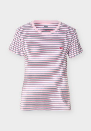 Bijela, roza, plava i crna prugasta majica kratkih rukava s roza ovratnikom i malim crvenim Levi's logotipom na prsima.