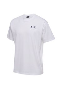 Hvid bomuld t-shirt med rund hals, korte ærmer og marineblå logo og grafiske detaljer på venstre brystområde. Glat tekstur.