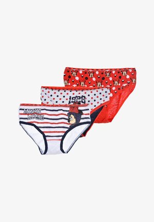 Tres pares de ropa interior infantil: roja con estampados de Minnie Mouse, con lunares rojos, y con rayas blancas que presentan a Minnie Mouse y "1928".
