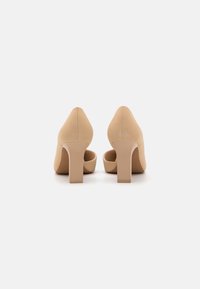 Des chaussures à talons hauts nudes avec une finition en cuir lisse et un talon épais. Design à bout pointu avec des détails de couture visibles.