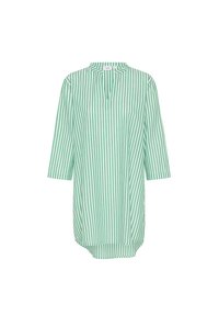 Sukienka tunikowa w zielono-białe paski, lekka tkanina, rękawy do połowy przedramienia, dekolt z rozcięciem, zakrzywiony dół, luźny krój.