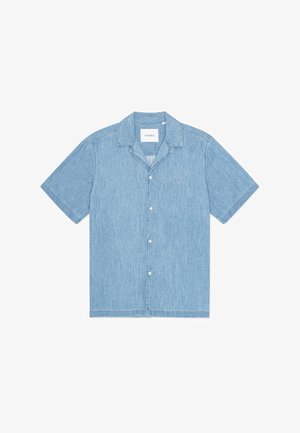 Light blue short-sleeve button-up shirt made of denim fabric, featuring a camp collar and a small logo on the left chest area.