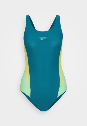 Ujukleit sünteetilisest materjalist, millel on türkiissinine keha, helerohelised ja kollased külgpaneelid ning tagant avatud racerback-mudel. Speedo logo rinnal.
