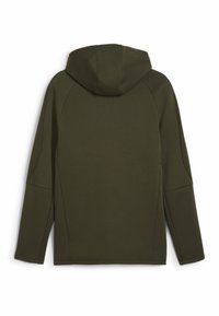 Donkergroene hoodie met een gladde textuur, raglanmouwen en ribgebreide accenten aan de zijkanten voor extra comfort.