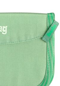 Green fabric pouch with a flap closure, stitched edges, and a green tag. Features a textured surface and logo in white embroidery.