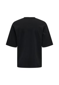 T-shirt en coton noir avec un col rond, des manches courtes et une coupe décontractée. Le dos est uni, sans logos ni motifs visibles.