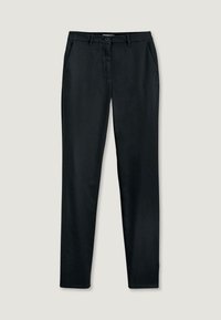 Pantalon noir à coupe slim, fabriqué en tissu lisse. Doté d'une fermeture à bouton sur le devant et de poches latérales. Lignes épurées, sans motifs.