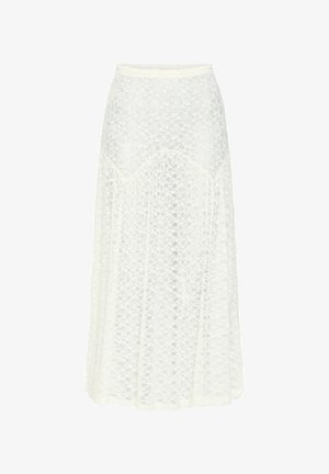 Balta nėriniuota midi sijonas, pagamintas iš lengvos, tekstūruotos medžiagos. Turi platėjantį siluetą ir banguotus kraštus, suteikiančius papildomą detalumą.