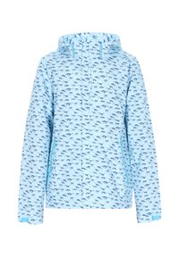 Helle blaue Jacke mit einem wiederkehrenden dunkelblauen Dinosauriermuster, mit Kapuze und einem Reißverschluss vorn. Glatte Stofftextur.