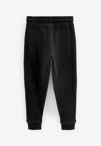 Schwarze Sweatpants mit einem elastischen Bund und gerippten Bündchen. Hergestellt aus einem weichen, strukturierten Material und mit einem taillierten Bein-Design.