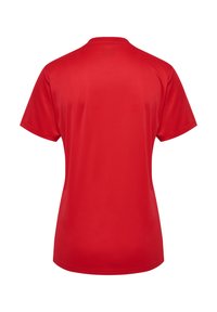 Rød kortærmet sports T-shirt med rund halsudskæring, glat tekstur og ingen synlige logoer eller mønstre. Enkel rygdesign, åndbart materiale.