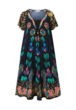 Black dress featuring colorful floral and leaf patterns in blue, pink, green, and gold, with short sleeves and a rounded neckline.