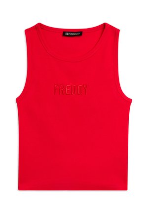 Canotta rossa senza maniche a coste con scollo rotondo e logo "FREDDY" ricamato al centro davanti.