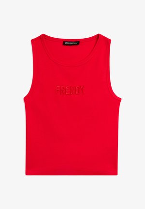 Canotta rossa senza maniche a coste con scollo rotondo e logo "FREDDY" ricamato al centro davanti.