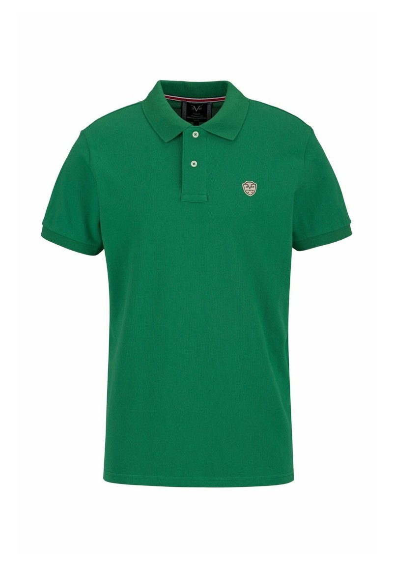 Grünes Poloshirt aus Baumwolle mit klassischem Kragen, zwei Knöpfen, kurzen Ärmeln und einem kleinen Emblem auf der Brust.