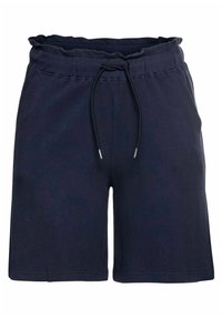 Námořnické modré šortky vyrobené z žebrované látky, s elastickým pasem na šňůrku a volným střihem. Žádné kapsy nejsou viditelné.