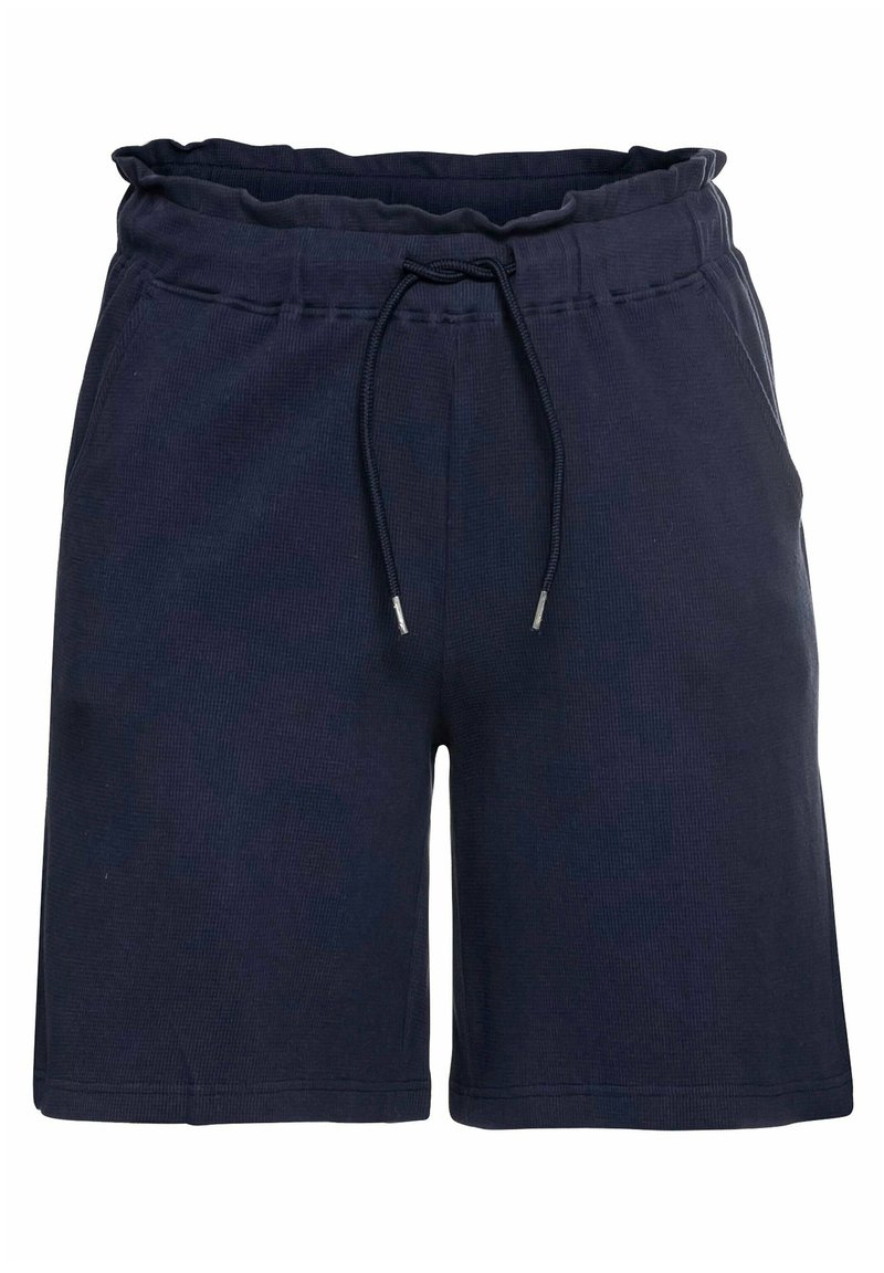 Námořnické modré šortky vyrobené z žebrované látky, s elastickým pasem na šňůrku a volným střihem. Žádné kapsy nejsou viditelné.