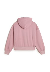 Hooded, cropped sweatshirt in soft pink. Features ribbed cuffs and hem, with a smooth texture and relaxed fit.
