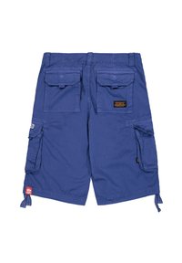 Zilās kravas šortos, kas izgatavoti no viegla auduma, ir vairāki kabatas, regulējami auklītes un teksturēta virsma ar etiķetes detaļu.