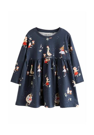 Mørkeblå langærmet kjole med indsamlet talje, prydet med et fantasifuldt mønster af dyr og julegaver i forskellige farver.