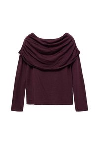 T-shirt à manches longues en violet profond, avec un col drapé et une texture douce. Le design est décontracté et légèrement ample.