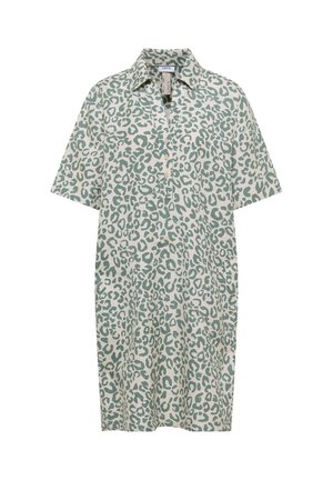 Robe en lin à manches courtes avec col, motif léopard vert et beige, patte de boutonnage sur le devant.