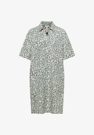 Linnen jurk met korte mouwen en kraag, groene en beige luipaardprint en knoopsluiting aan de voorkant.