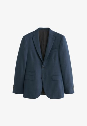 Marineblauer Blazer aus strukturiertem Stoff, mit zwei Fronttaschen, einem Ein-Knopf-Verschluss und einer schwarzen Innenauskleidung.