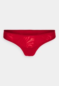 Czerwone majtki bikini wykonane z gładkiego, elastycznego materiału. Posiadają wąski pas i minimalne zakrycie z bezszwowym wykończeniem.