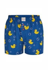 Boxer blu con un motivo di anatroccoli gialli e bolle bianche. Il tessuto è liscio e presenta una vita elasticizzata per garantire comfort.