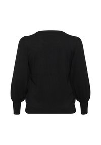 Black pullover sweater with a round neckline, long puff sleeves, and a ribbed hem. Smooth texture with minimal detailing on the back.