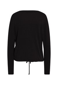 Black long-sleeve top with a slightly oversized fit, round neckline, and adjustable drawstring hem for a customizable silhouette.