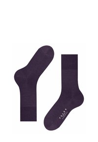 Calzini viola con una trama liscia, che mostrano una forma curva per il tallone e una fascia superiore a costine. Marchio visibile sulla suola.