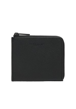 Black leather wallet with textured surface, zippered closure, and embossed brand logo on the front. Compact rectangular shape.