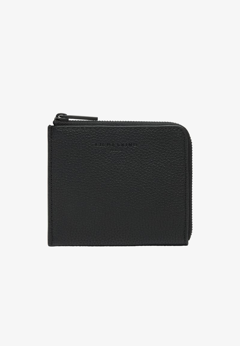 Black leather wallet with textured surface, zippered closure, and embossed brand logo on the front. Compact rectangular shape.