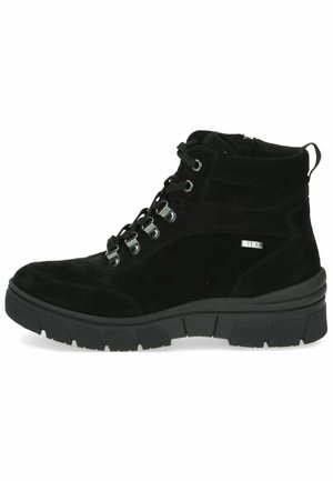 Botas de tobillo de ante negro con acabado texturizado, punta redondeada, cierre con cordones y suela de goma con dibujo para mayor tracción.